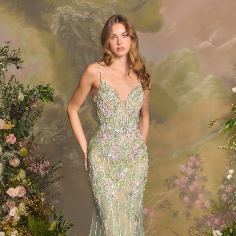 New Sage Floral Beaded Tulle Gown w/ Corset Bodice & Plunging Neckline CD A1500 - Picture 10 of 12